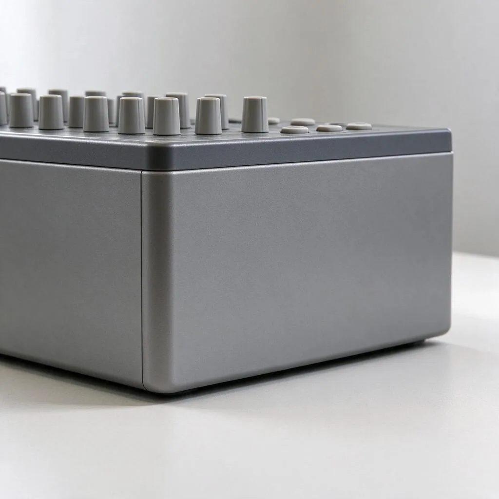 Illustration of an analog audio mixer with rows of knobs on a pale desk