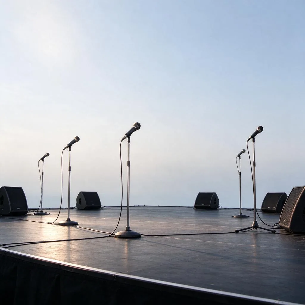 Illustration of an empty stage with generic speakers and microphones on stands