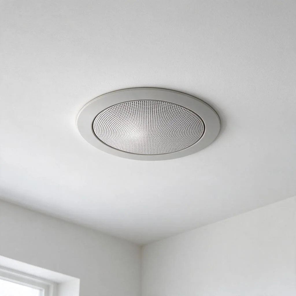 Illustration of a ceiling speaker mounted in a plain white ceiling of an empty room