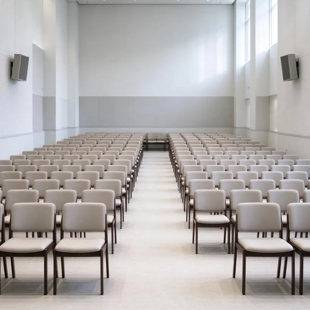 Illustration of an empty hall interior with rows of plain chairs and speakers mounted on pale walls
