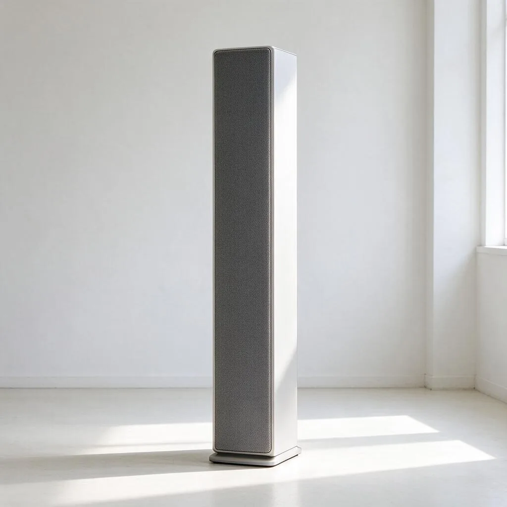 Illustration of a tall slim column speaker standing in an empty plain room