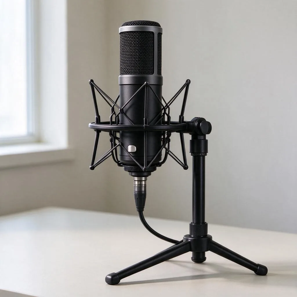 Illustration of a studio condenser microphone on a stand on a pale desk