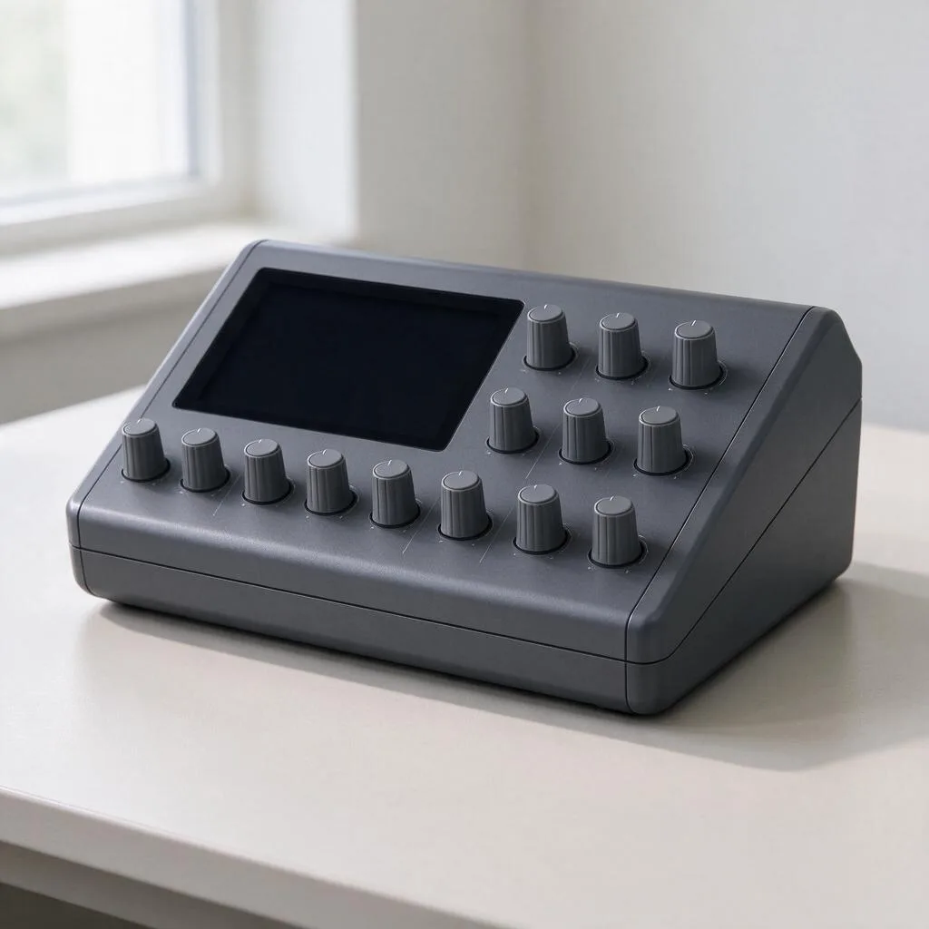 Illustration of a digital audio mixer with a blank dark screen and knobs on a pale desk