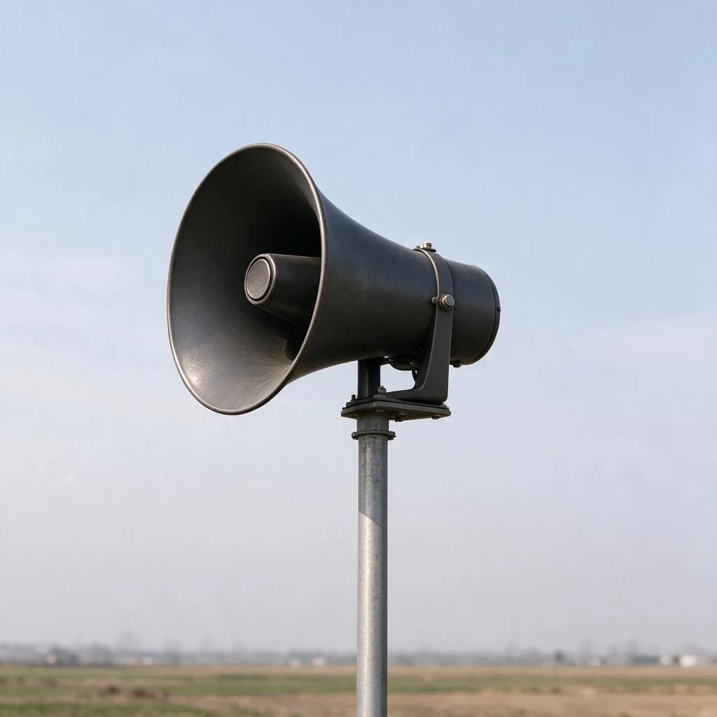 Illustration of a horn speaker mounted on a plain pole outdoors against a pale sky