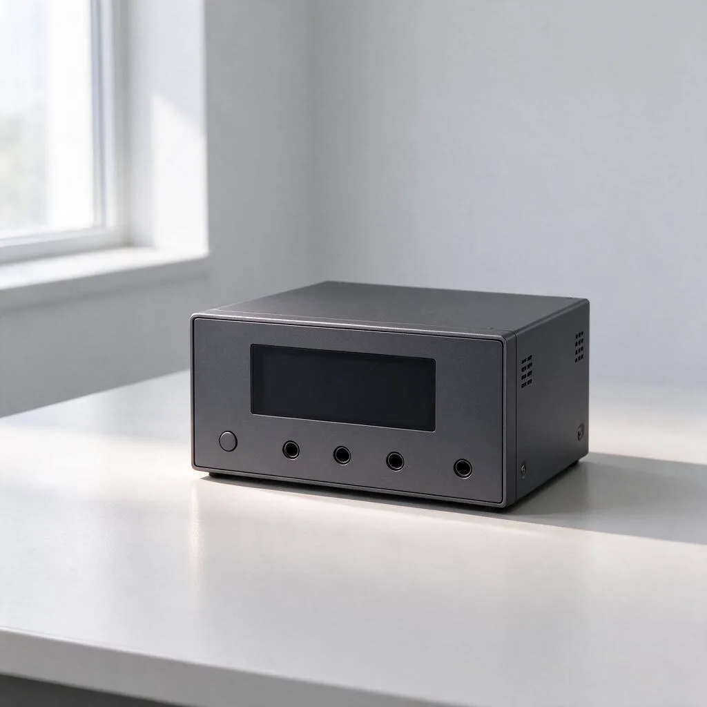 Illustration of a network amplifier unit with a blank dark display on a pale desk