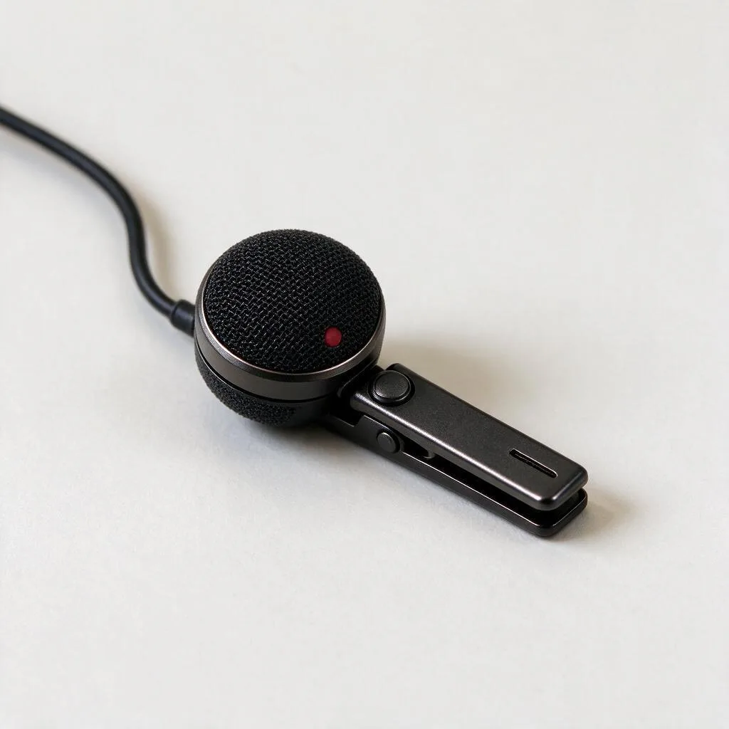 Illustration of a small lavalier microphone with a clip lying on a pale surface