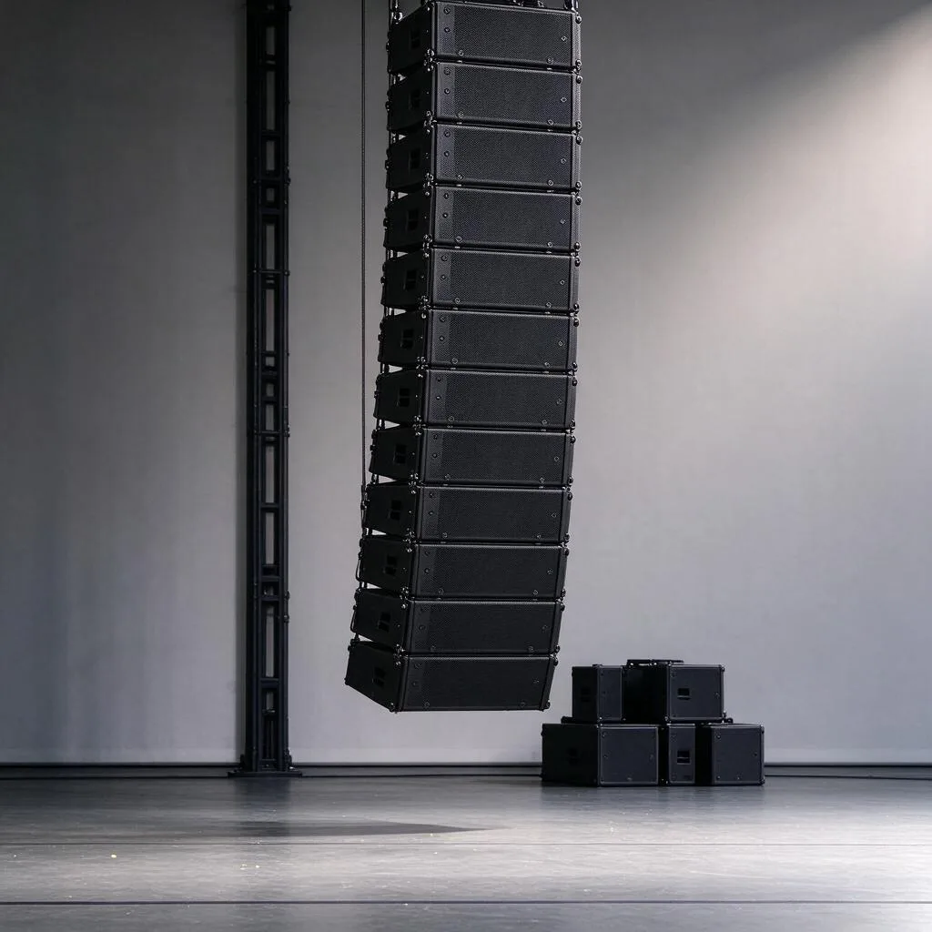 Illustration of a vertical column of generic line array speakers hanging above an empty stage