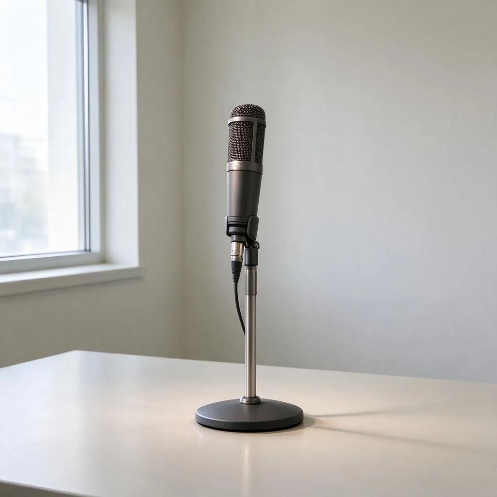 Illustration of a microphone on a stand on a pale desk in an empty room