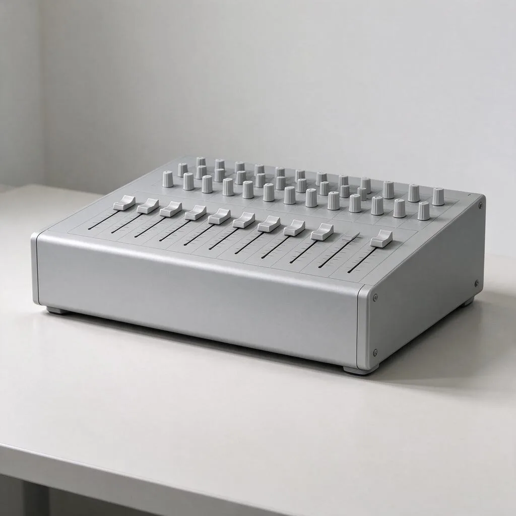 Illustration of an audio mixer console with knobs and blank faders on a pale desk