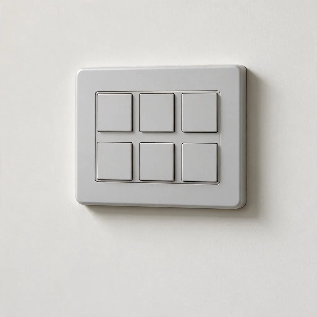 Illustration of a plain wall-mounted control panel with blank unmarked buttons on a pale wall