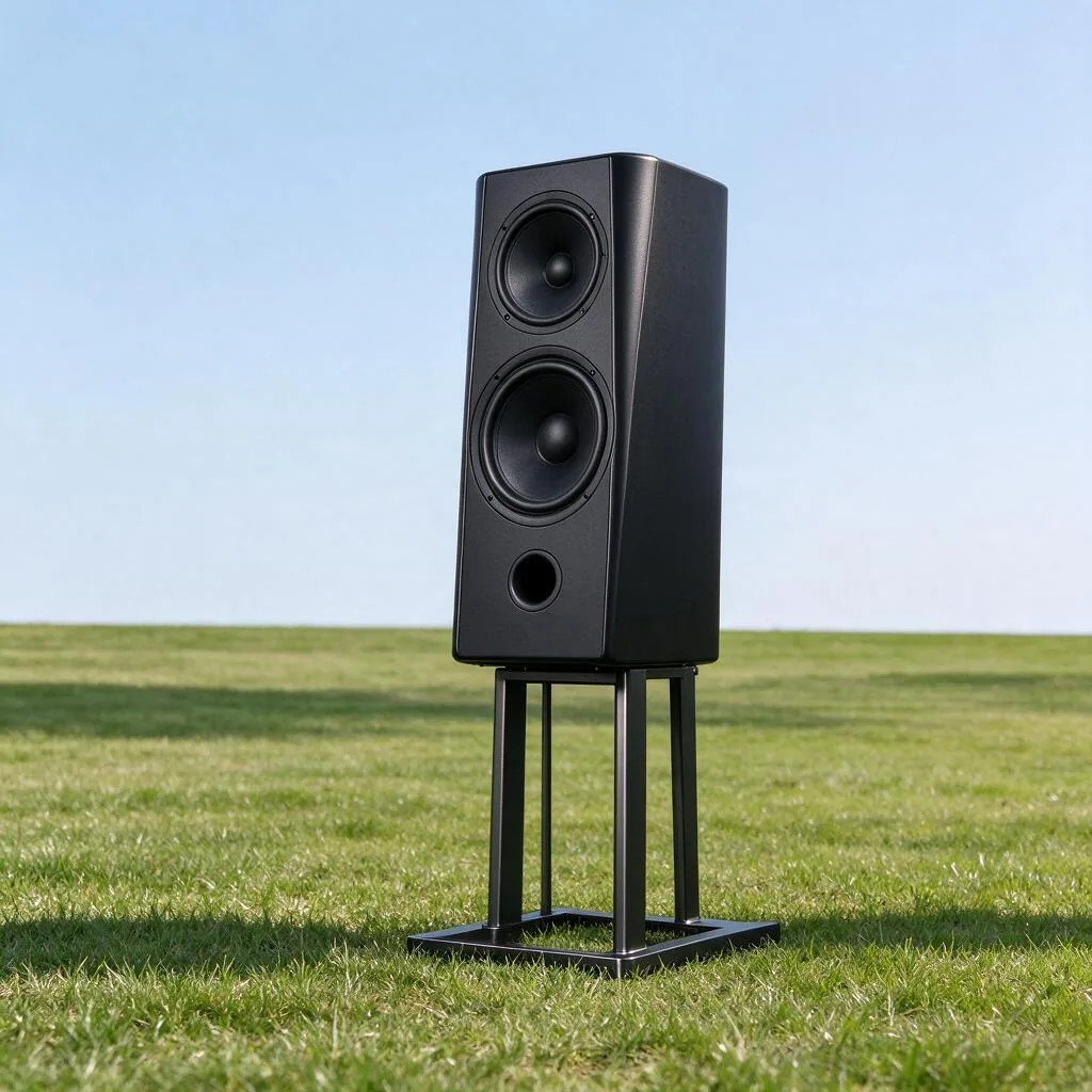 Illustration of a speaker on a stand in a plain garden setting