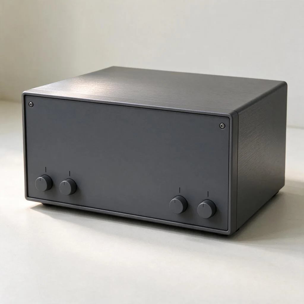 Illustration of a generic public address amplifier unit with a plain front panel on a pale surface