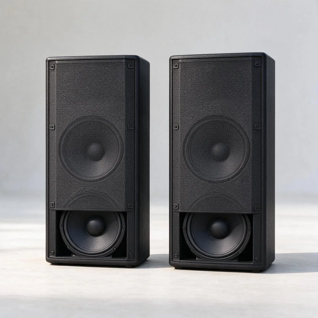 Illustration of two generic PA speakers with plain grilles standing on a pale surface