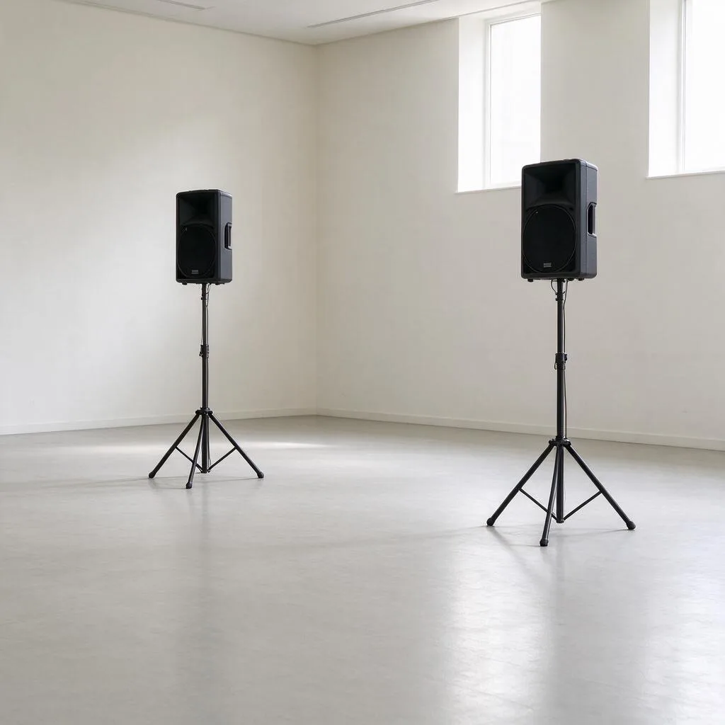 Illustration of generic PA speakers on stands in an empty hall with pale walls