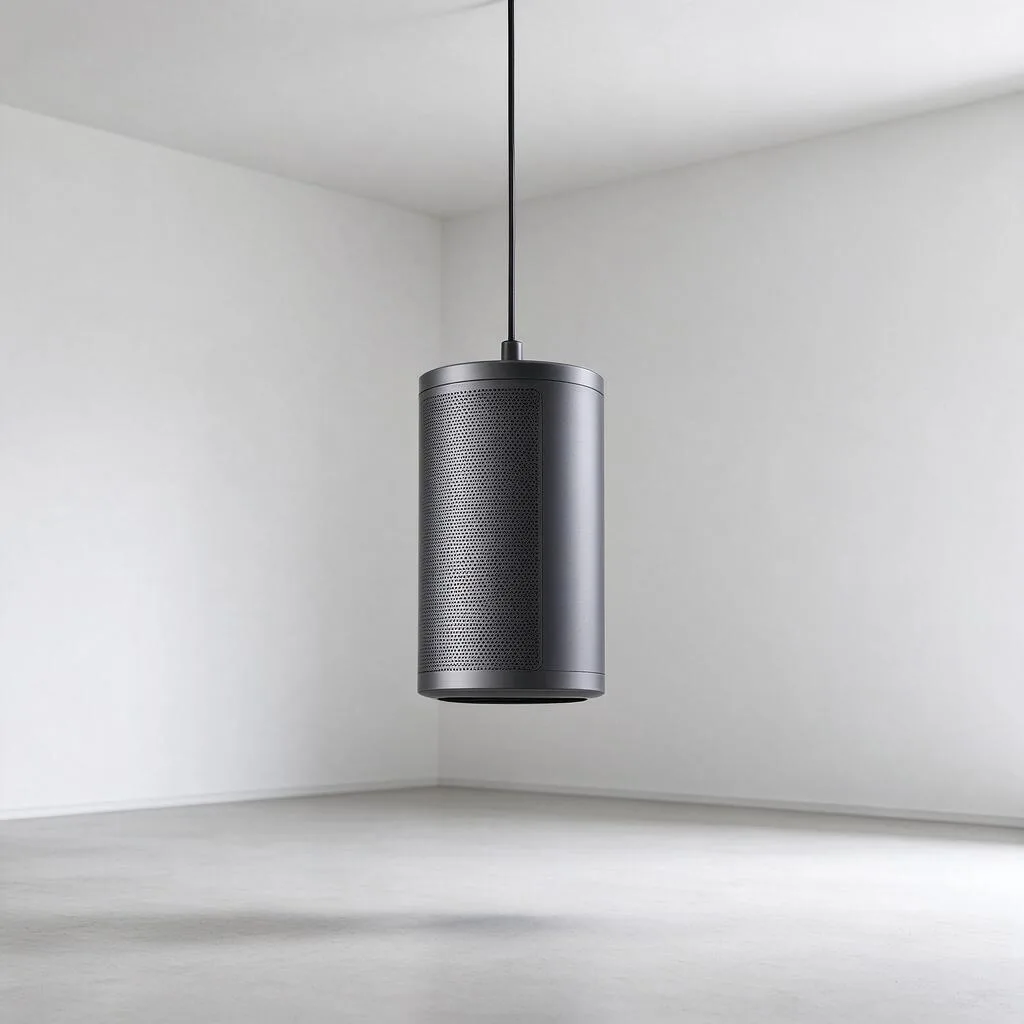 Illustration of a pendant speaker hanging from a ceiling by a cable in an empty plain room