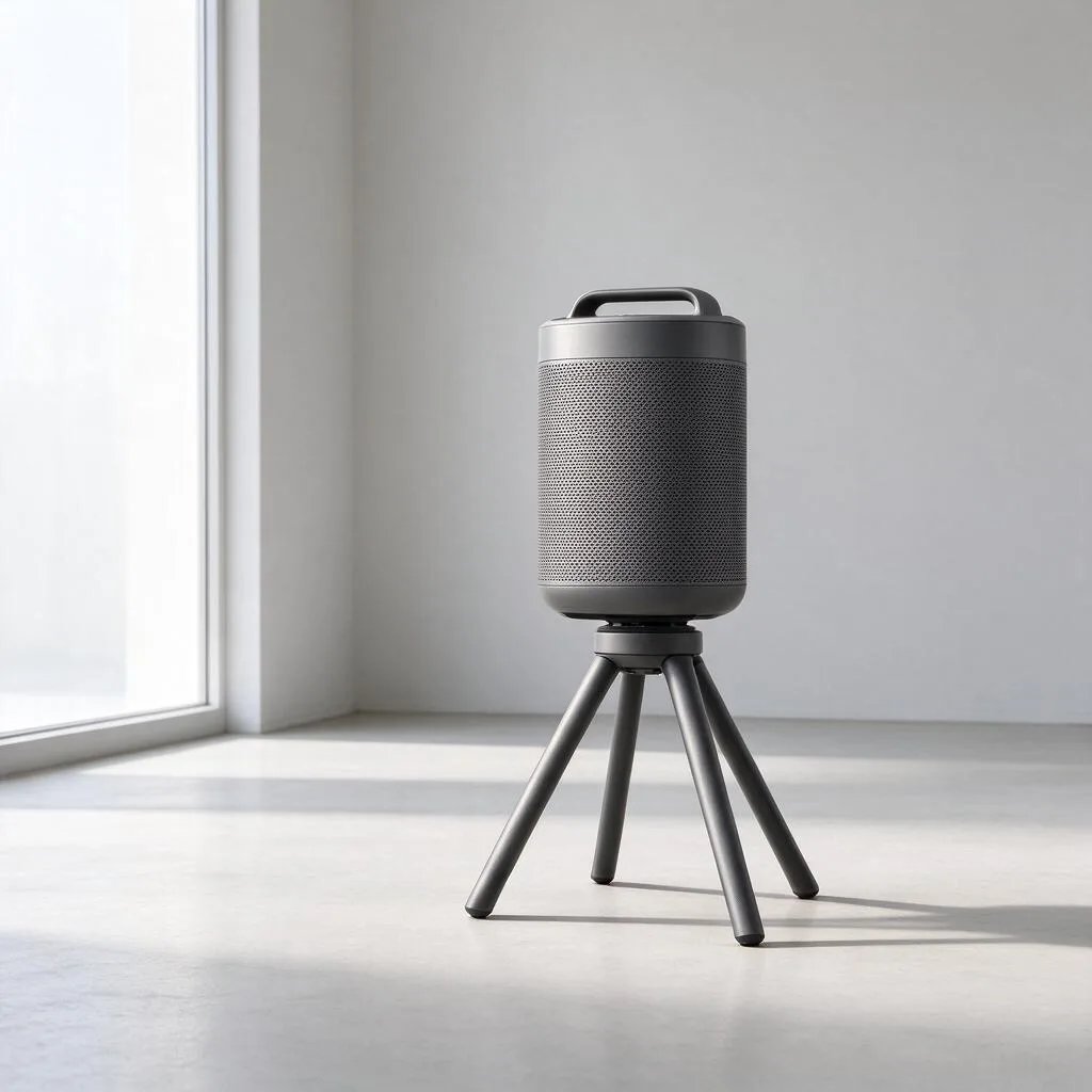 Illustration of a portable speaker unit on a stand in an empty plain room