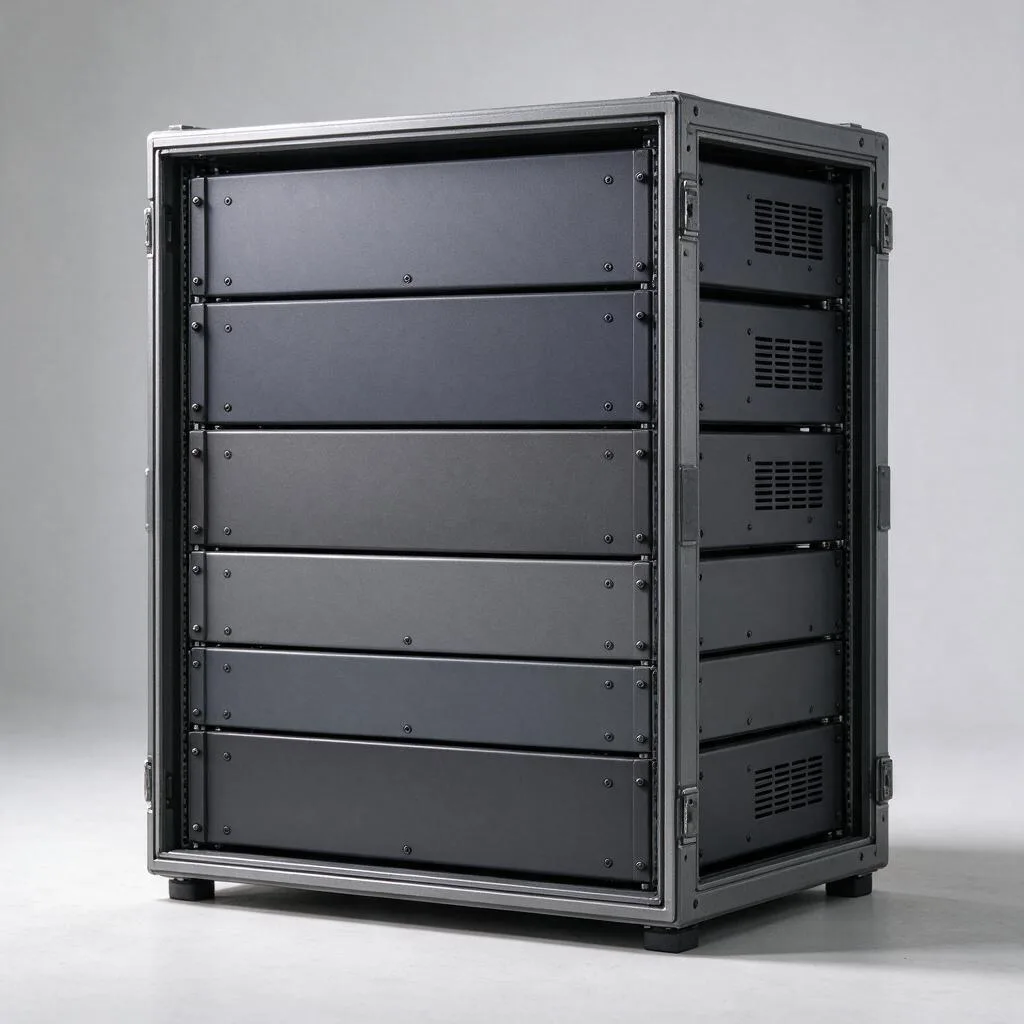 Illustration of generic amplifier units with plain front panels stacked in a rack frame