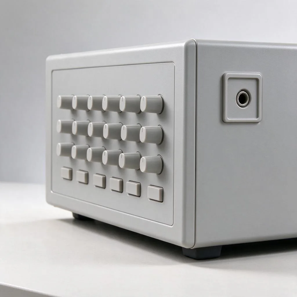 Illustration of a powered mixer unit with knobs on a pale table