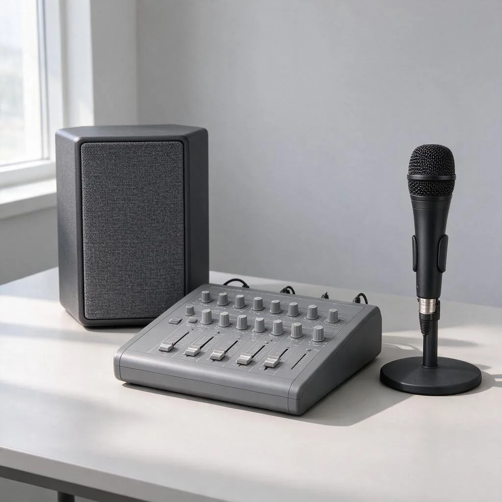 Illustration of generic audio equipment, a speaker, a mixer and a microphone, arranged on a pale table