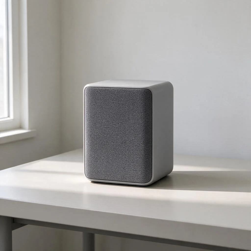 Illustration of a compact speaker unit on a pale desk in an empty room
