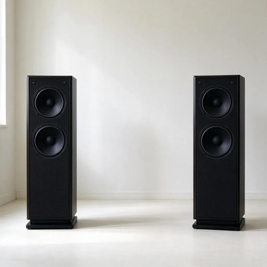 Illustration of generic speakers arranged in an empty plain room