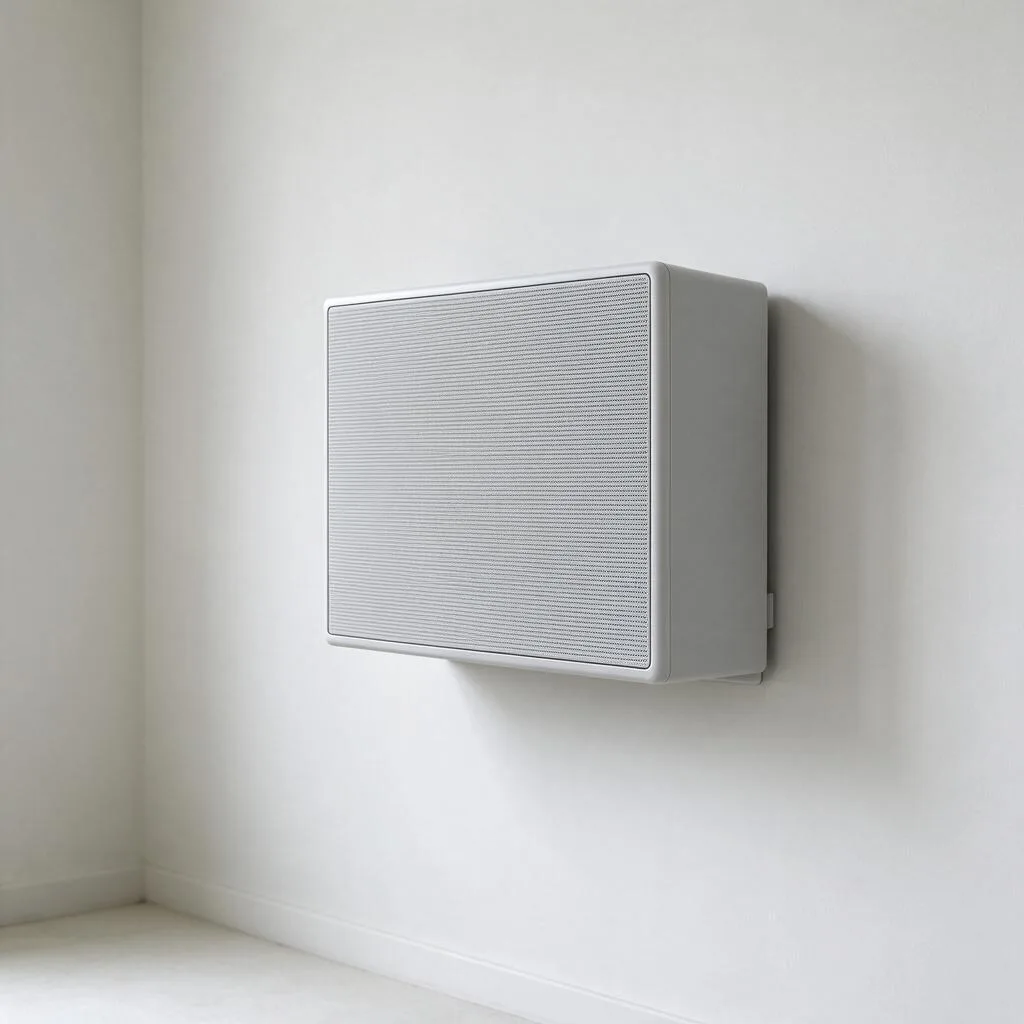 Illustration of a wall-mounted speaker on a plain pale wall in an empty room