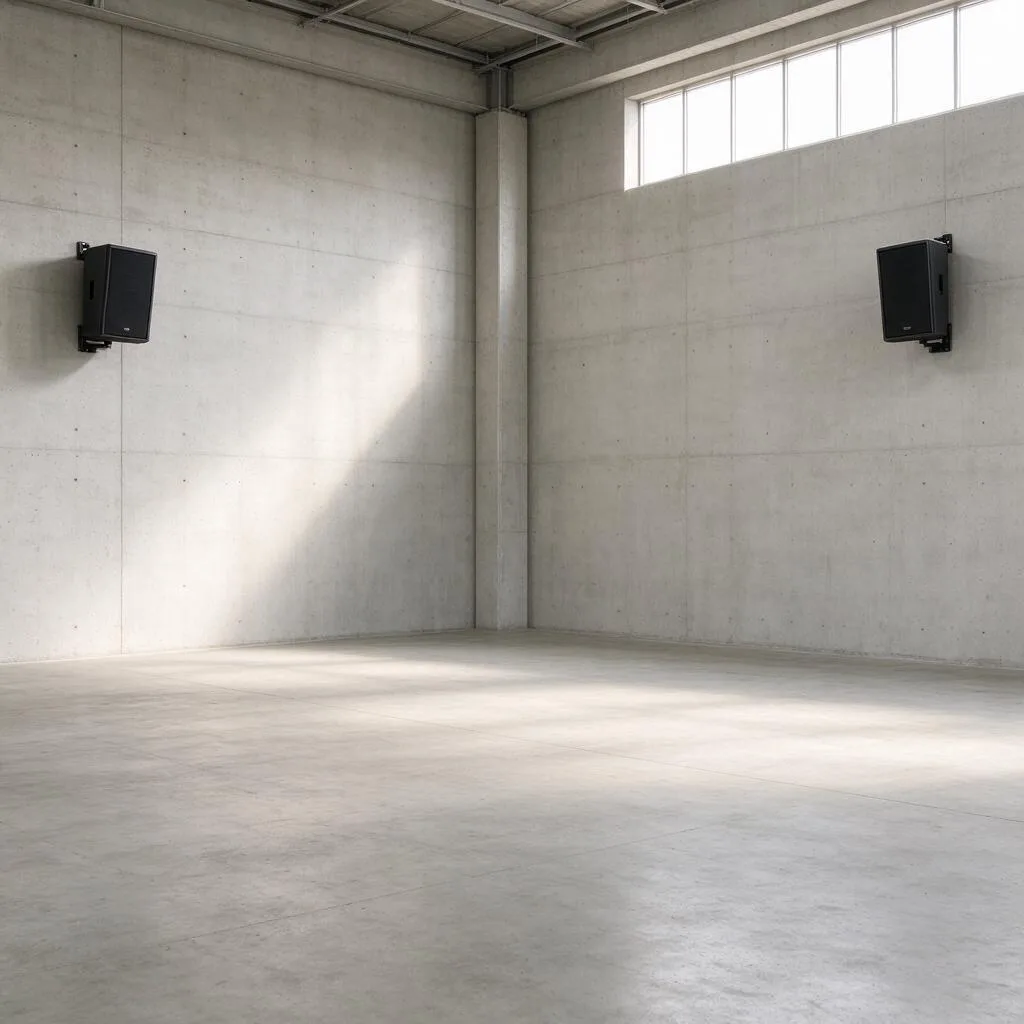 Illustration of speakers mounted high on the walls of an empty warehouse interior