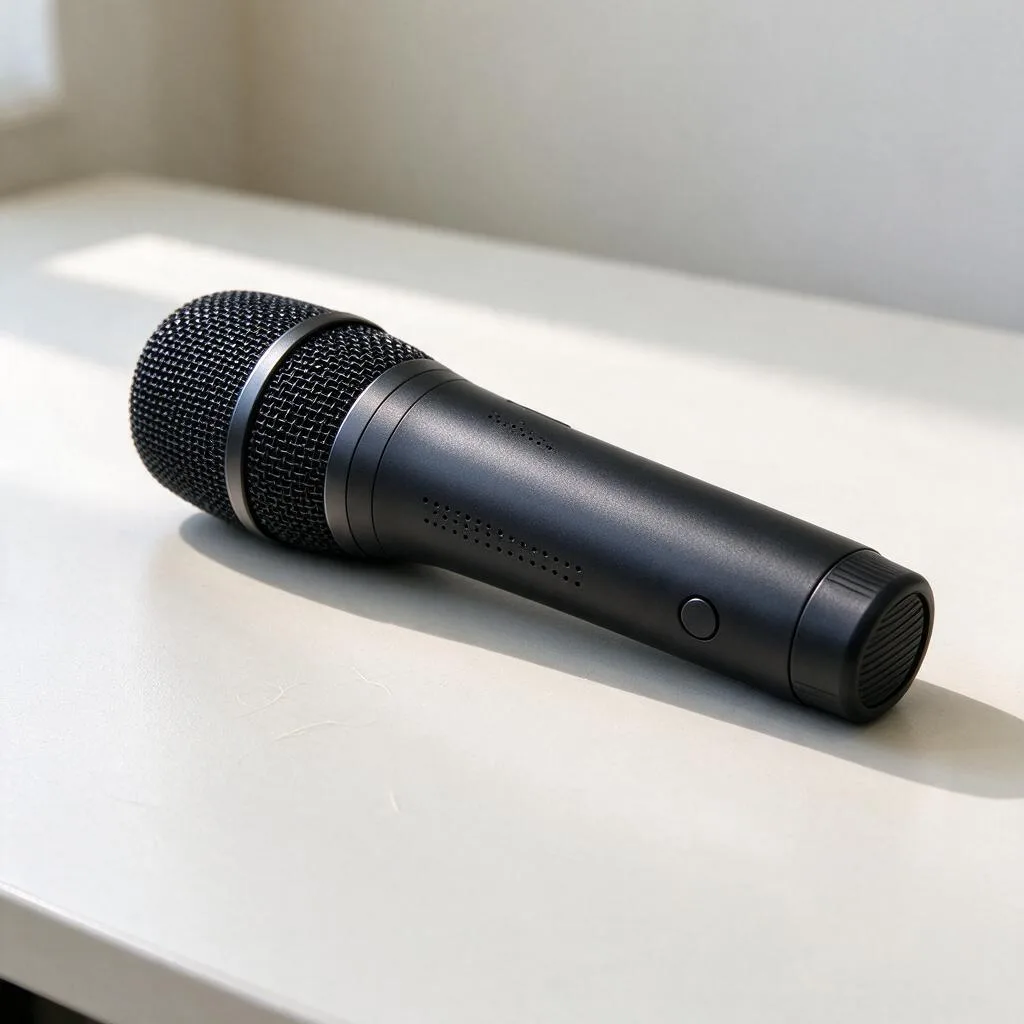 Illustration of a handheld wireless microphone lying on a pale table