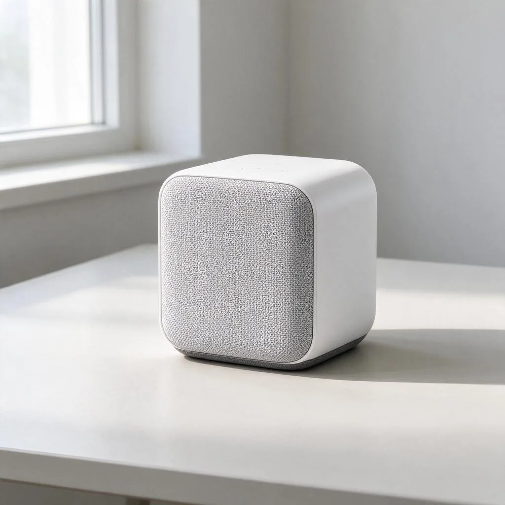 Illustration of a wireless speaker unit on a pale table in an empty room